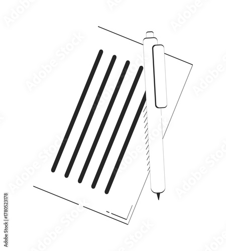 Pen on document paper for signing and writing doodle linear object. Fill form. Ballpoint pen with lined sheet 2D vector outline clip art drawing isolated on white. Hand drawn sketch illustration