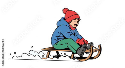 Kid Playing on Sled in Winter Snow – Fun Outdoor Activity Illustration