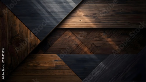 Dark wooden geometric pattern background, modern abstract wood texture design, diagonal geometric tiles creating luxury minimal aesthetic, elegant brown tone surface for interior or graphic use.