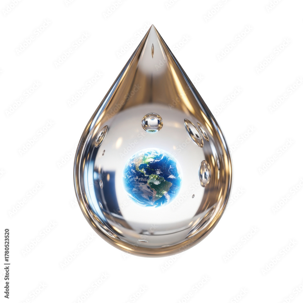 Obraz premium Earth planet inside a clear water droplet with bubbles and reflections Keywords: earth, planet, water, droplet, liquid, sphere, globe, world, blue, green, white isolated on a transparent background
