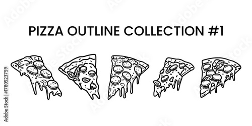 Hand drawn collection vector pizza outline with cheese, tomato, sauce, and pepperoni. Black and white sketch for restaurant branding, menu design, packaging, and vintage or retro food illustrations.