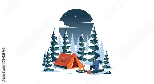 Winter Forest Camping at Night illustration – Tent & Campfire in Snowy Pine Trees