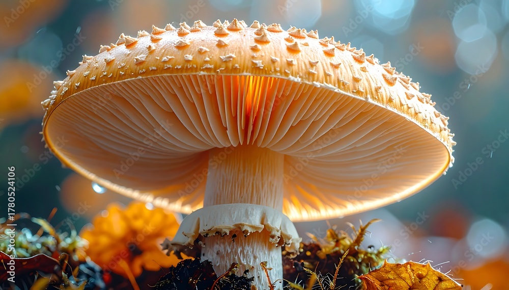 Fototapeta premium A close-up shot of a single, light orange and white mushroom with a textured cap, set among fallen leaves and greenery. Its gills visible