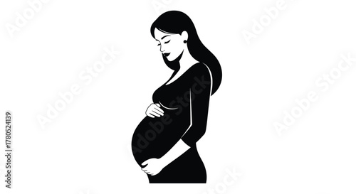 Elegant pregnant woman in black dress lovingly cradling her baby bump radiating maternal bliss in minimalist style vector artwork