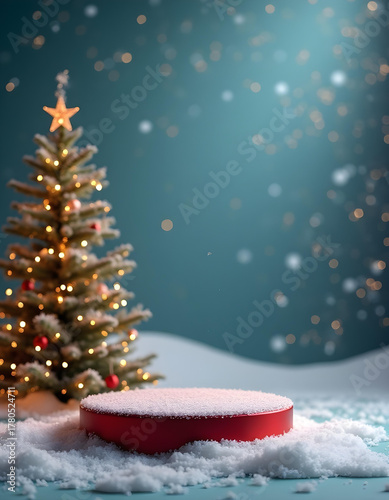 red podium with christmas tree on snow