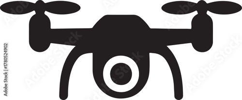 Drone in flight silhouette with camera lens, symbol of aerial photography and technology.