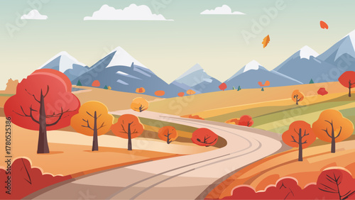 Autumn Landscape With Rolling Hills, Winding Road, And Snowy Mountain Peaks In Sunset
