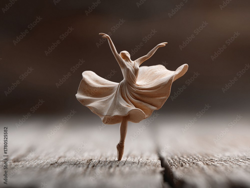 Fototapeta premium Elegant wooden ballerina figurine poised en pointe. Represents grace, art, craftsmanship, and the beauty of dance. Ideal for cultural projects and artistic themes.