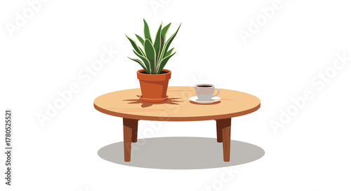 Coffee and a beautiful snake plant on a round wooden table, perfect for home decor and relaxation