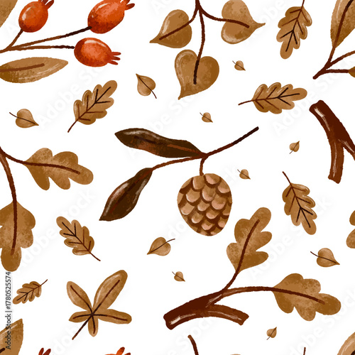 Autumnal forest leaves, oak, maple seamless pattern. Hand drawn watercolor fall autumn isolated background. September textile design. November Thanksgiving