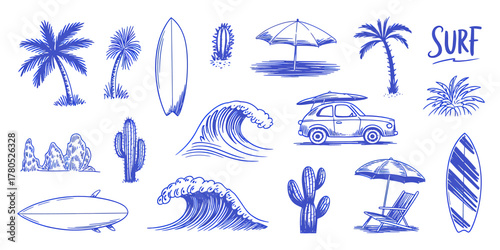 Summer Holiday Beach Vibes with Surfboards Palms Waves and Cactuses Blue Vector Illustration for Travel and Vacation Lifestyle Design