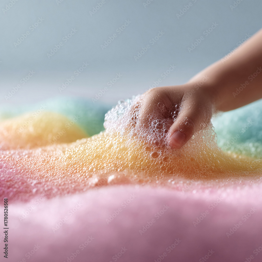 Fototapeta premium Childs hand playing in vibrant, rainbowcolored foam. Captures innocence, creativity, and sensory exploration. Ideal for illustrating childhood, bath time fun, and early learning.