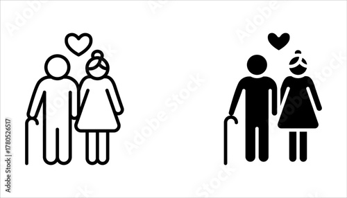 elderly couple icon set, pension family, grandparents, grandfather and grandmother on white background