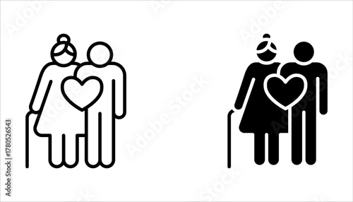 elderly couple icon set, pension family, grandparents, grandfather and grandmother on white background