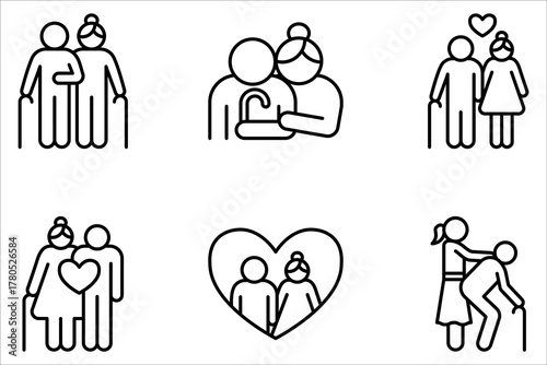 elderly couple icon set, pension family, grandparents, grandfather and grandmother on white background