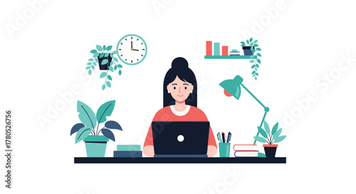 Smiling woman working from home with laptop in bright workspace perfect for illustrating remote work and modern lifestyle concepts