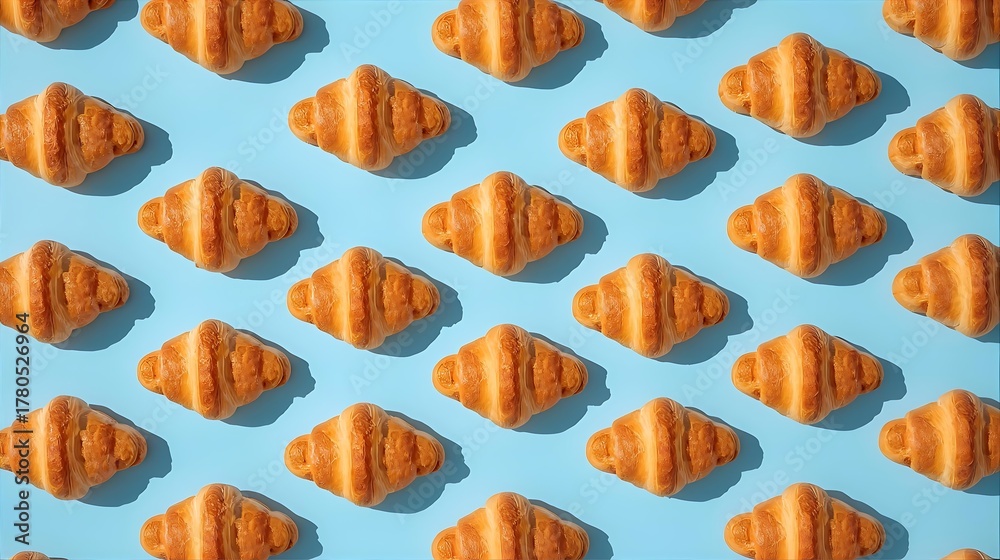 Fototapeta premium Seamless pattern of croissants on bright blue background, minimal food design, creative bakery concept with repetition, stylish pastry wallpaper for modern art, cafe branding, and decoration.