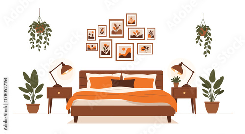 Cozy bedroom interior design with warm lighting and earthy tones creates a relaxing and inviting space for rest and rejuvenation