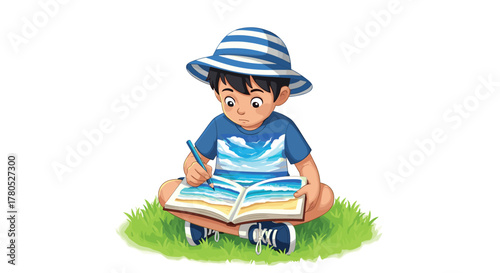 Creative young boy drawing a beautiful beach scene in his notebook on grass, kids summer vacation concept, childhood memories and imagination