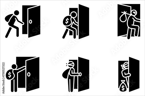 Thief vector icon set. Burglar, bandit symbol flat vector sign isolated on white background.