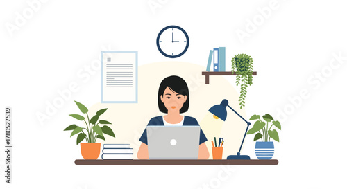 Stylish woman working remotely at her desk with a laptop in her home office, surrounded by plants and books giving a modern vibe