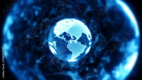 A glowing blue globe encircled by a network of connecting lines, set against a dark, blurred background