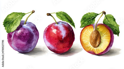 Ripe Plum Watercolor Illustration Isolated on White Background – Hand-Drawn Fresh Fruit Botanical Art