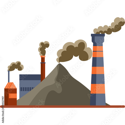 Industrial Factory Emitting Smoke With Multiple Chimneys And Large Pile Of Material On A Transparent Background