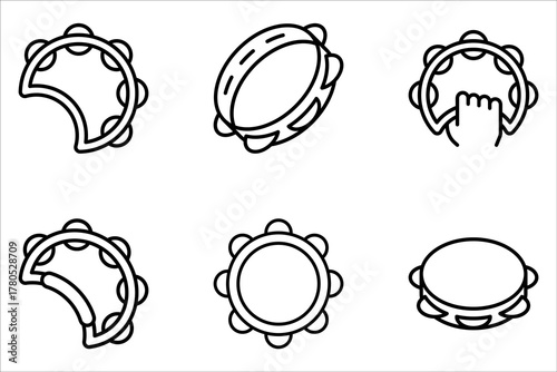 Tambourine musical instrument icon set. Folk instrument for beating out rhythm on white background