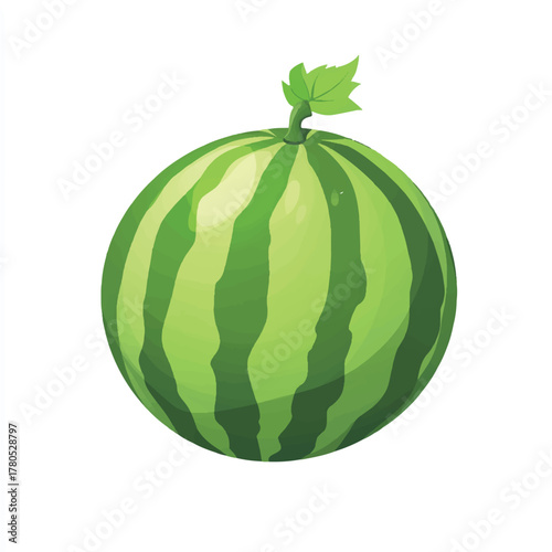 Fresh Whole Watermelon with Green Stripes and Leaf.