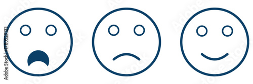 Smiley emoticons. Different facial expressions: happy, sad, surprised emoji icons. Smile icon set. Emoticons simple line icon negative, neutral & positive sign. Rating or feedback emojis. web icon.