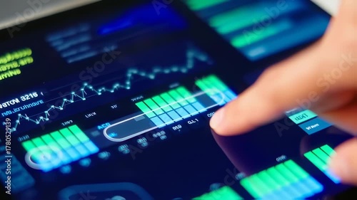 A finger touches a tablet screen displaying a chart of green and blue data