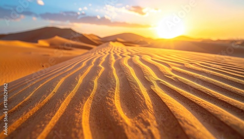Fototapeta Naklejka Na Ścianę i Meble -  Golden Sand Dunes Under a Bright Sunset Sky Capturing Rippled Patterns and a Warm Golden Hour Glow