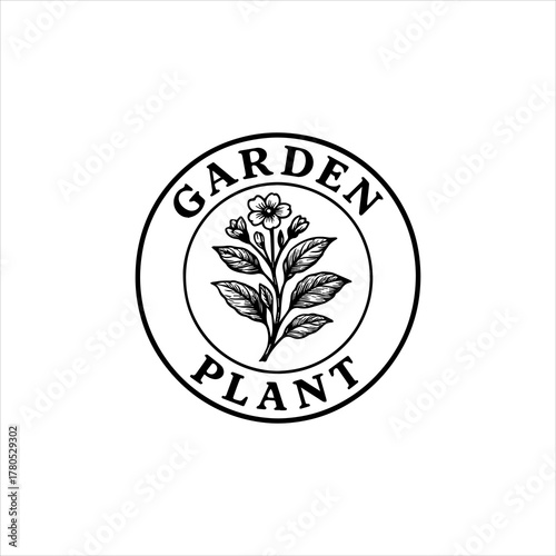Classic garden plant logo featuring a botanical flower illustration in a vintage circular emblem. Vector graphic for horticulture and nature concepts eps