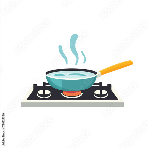 Frying pan on a gas stove with boiling water and steam