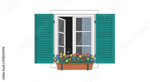 Charming window box overflowing with colorful flowers and open shutters, bringing a touch of vibrant nature to any space with a fresh look