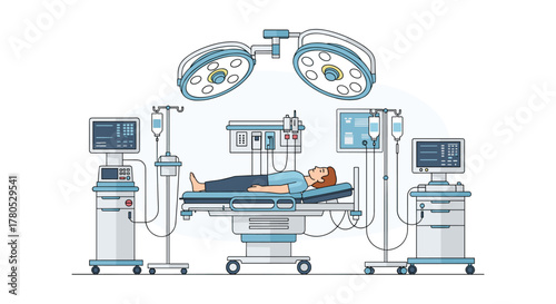 Patient awaits surgery in modern operating room with advanced medical equipment and bright lighting for a safe procedure and quick recovery