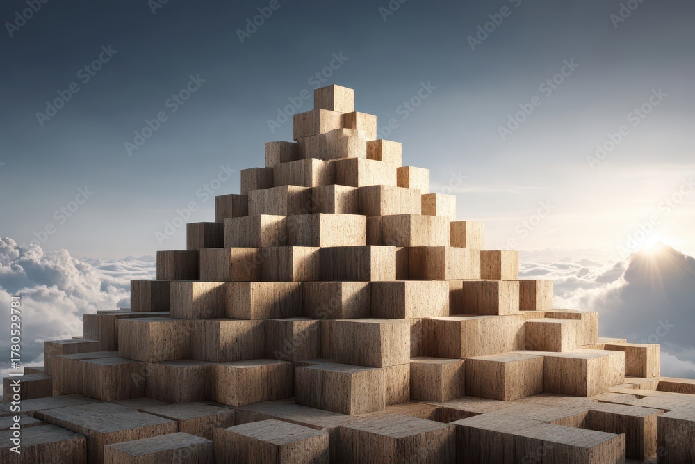 Fototapeta premium Abstract wooden pyramid structure soaring above soft clouds at golden hour.