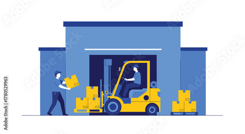 Efficient warehouse team working with forklift and boxes for fast shipping solutions in a modern distribution center, perfect for logistics branding