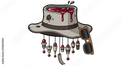 Stylish fedora brimming with wine, complemented by shades and whimsical cherry charm detail, perfect for quirky fashion or design concepts