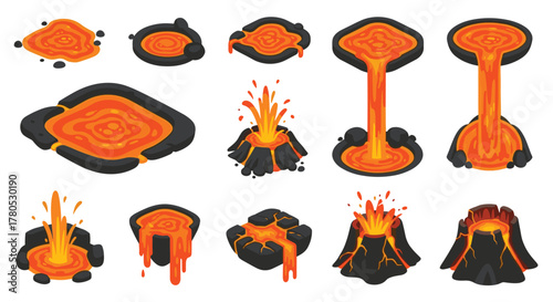 Dynamic cartoon volcanoes erupting with molten lava, perfect for educational resources or game design, showcasing fiery geological power