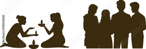 Silhouette of people celebrating Diwali with oil lamps and enjoying togetherness in harmony