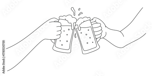 A cartoon-style illustration features two mugs of beer clinking together in a cheerful toast. Thin black outline vector is isolated on a white background with foamy beer in each glass