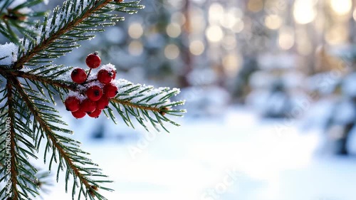 Snowy pine branch with vibrant red berries in a peaceful winter forest with bokeh background