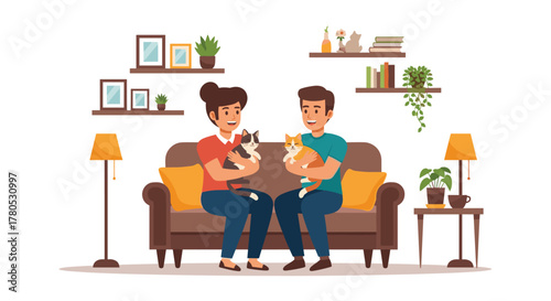 Joyful couple relaxing on sofa, holding beloved cats in cozy modern living room, celebrating pet ownership and home comfort