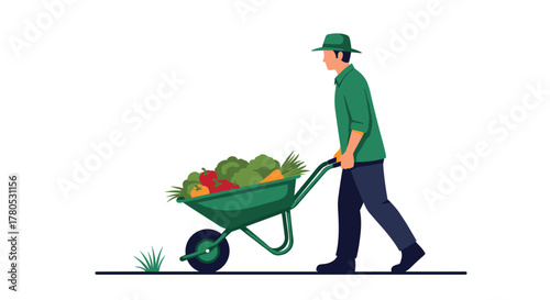Dedicated farmer proudly pushes wheelbarrow overflowing with fresh, vibrant harvest vegetables