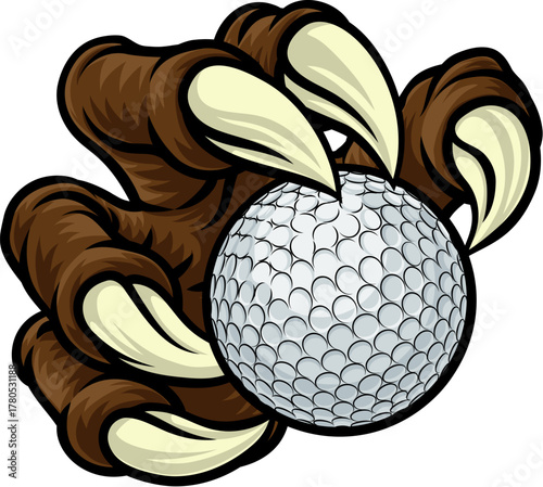 A golf claw sports illustration of an eagle or animal monster hand holding ball