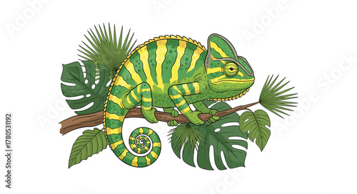 Vibrant green chameleon with yellow stripes rests on a leafy tropical branch, showcasing nature's adaptive beauty