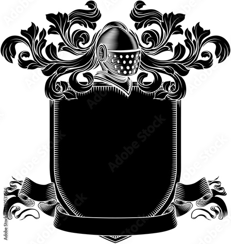 Coat of arms crest knight family medieval shield heraldry heraldic armorial motif. Featuring a knights helm helmet in a vintage etching engraving woodcut style