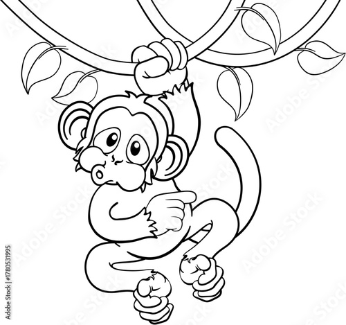A monkey cartoon character singing on jungle vines and pointing